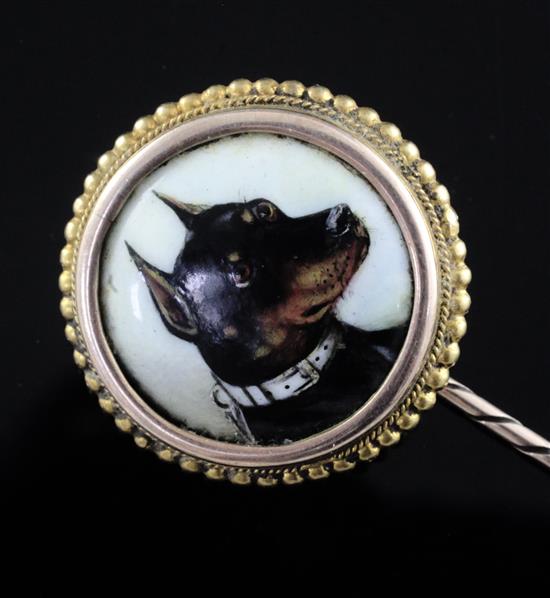 John William Bailey-(active 1860-1910) a gold mounted enamel tie pin inset with a portrait of a dog 88mm.